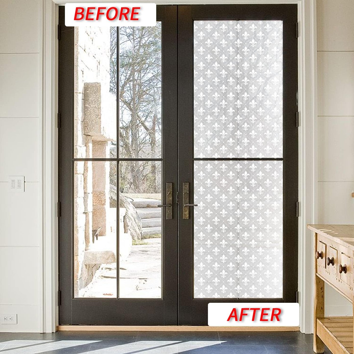 Pure White Window Privacy Film Decorative Pattern Design, Removable Frosted Glass Window Film Cling for Glass Window Door, Fleur De Lis 78.74"x22.83"