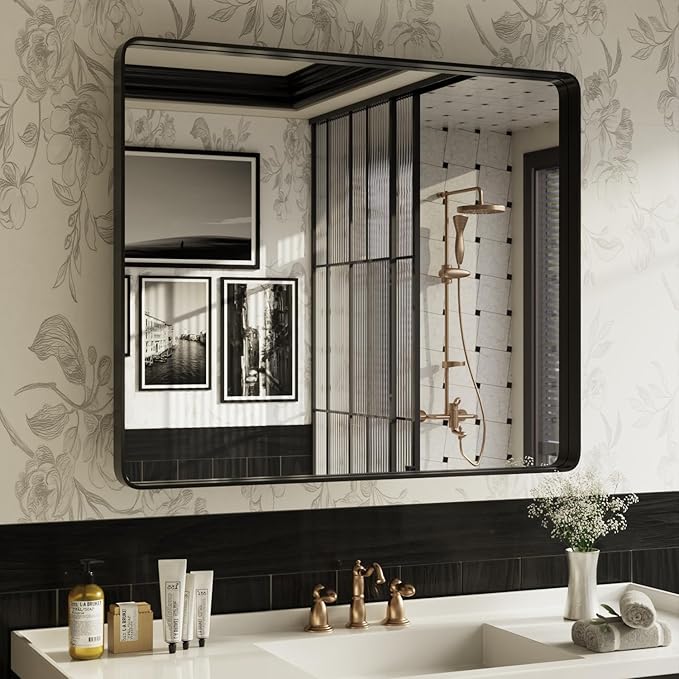ISKM Black Bathroom Mirror for Wall 44" x 36" Matte Black Framed Vanity Mirror by ISKM-IStillKeepMovin