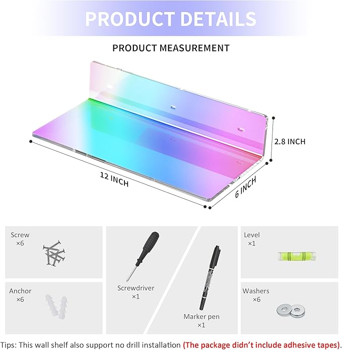 12 Inches Iridescent Acrylic Wall Shelves Set of 2, Wall Mounted Shelf - Image 2