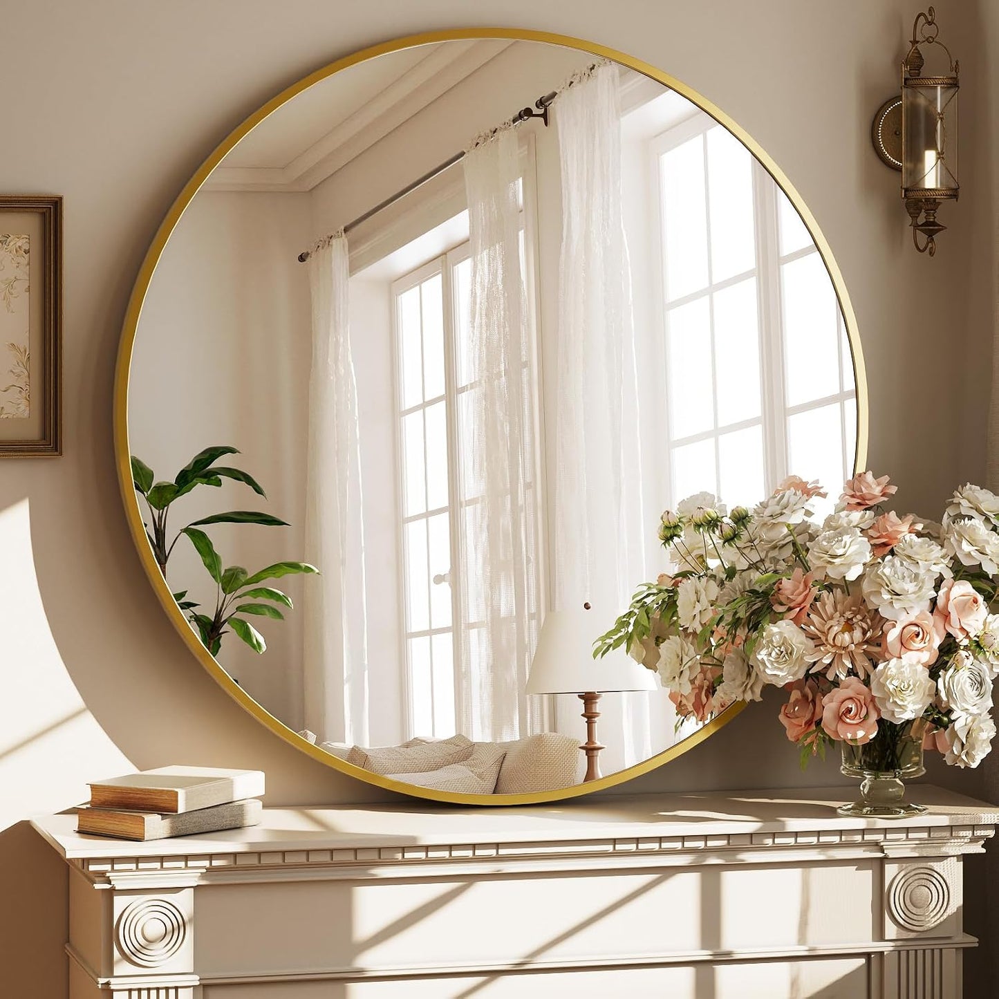 XRAMFY 40 Inch Round Mirror - Gold Circle Mirrors for Bathroom, Entryway | Modern Hanging Vanity Mirror, Aluminum Alloy Frame Matte Black Circle Decorative Wall Mirror for Living Room Wall Decor