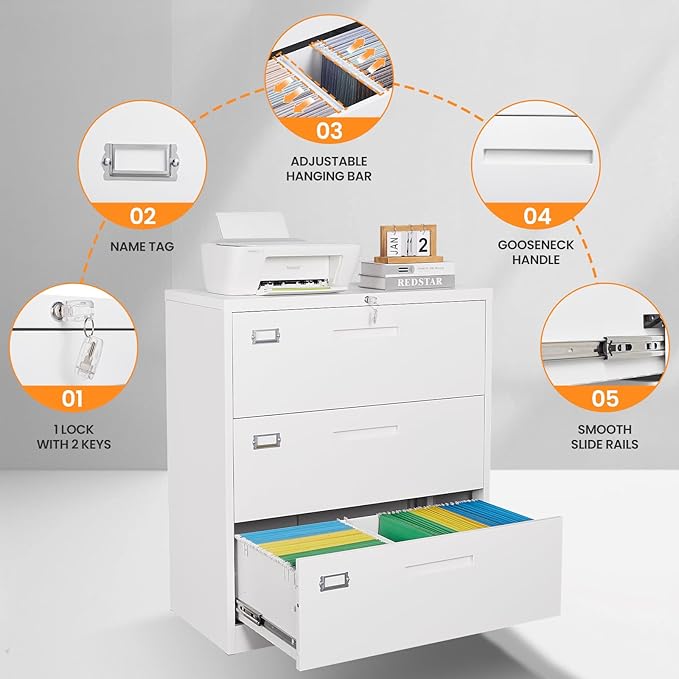 3 Drawer File Cabinets for Home Office, Metal Filing Cabinet - Image 6