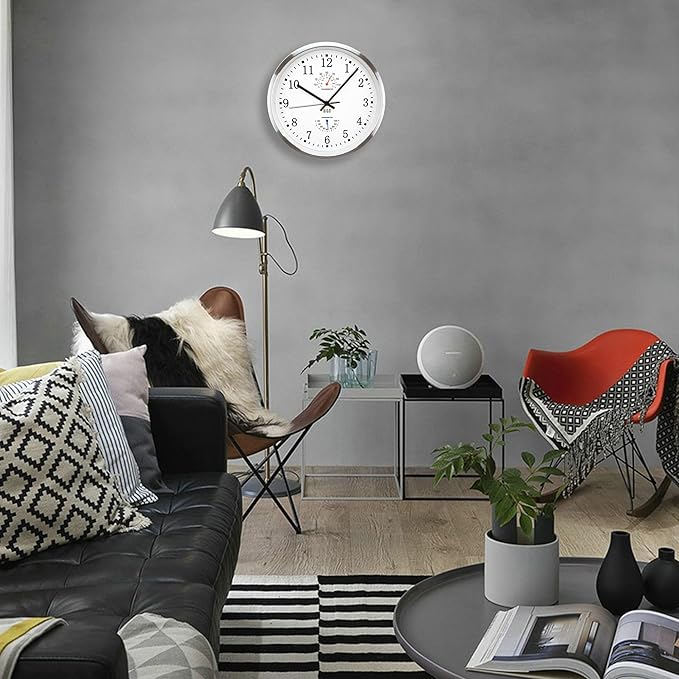 HITO 12 Inch Silent Wall Clock Battery Operated Non Ticking Glass Cover Silver - Image 8