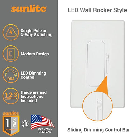 Sunlite LED Wall Rocker Style, Slide Bar Triac Dimmer Switch, Screwless Wall - Image 3