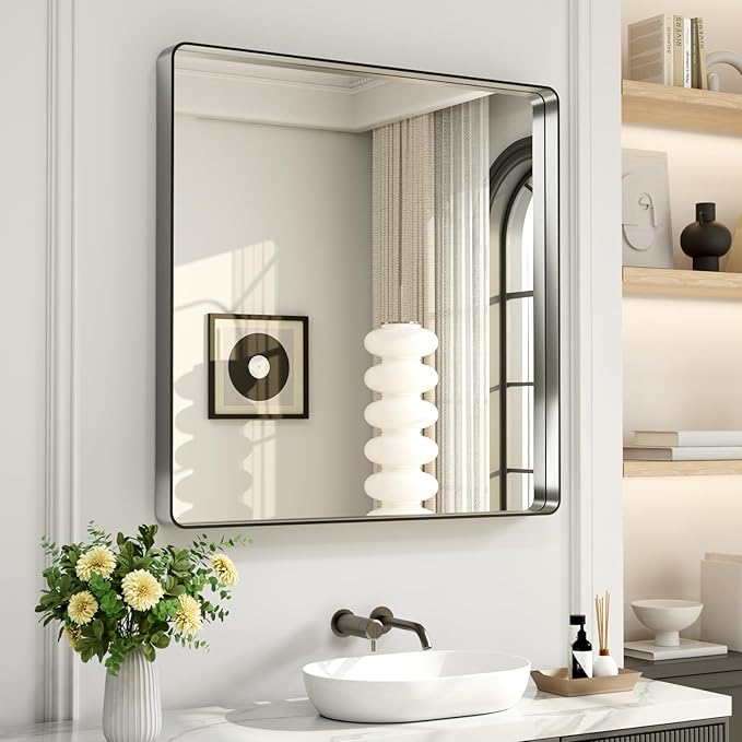 LOAAO 38X38 Inch Brushed Nickel Bathroom Mirror, Rounded Rectangle Silver Metal by LOAAO