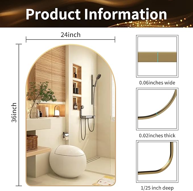 24x36 inch Gold Arched Mirror for Bathroom Vanity Mirror or Wall Decor Arch - Image 2