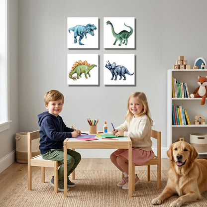 Dinosaur Wall Art for Boys Room Decor - 10" x 10" Set of 4 Dinosaur Canvas Art Watercolor Prints, Retro Nursery Wall Decor for Toddler Bedroom Playroom, Watercolor Dino Pictures Ready to Hang