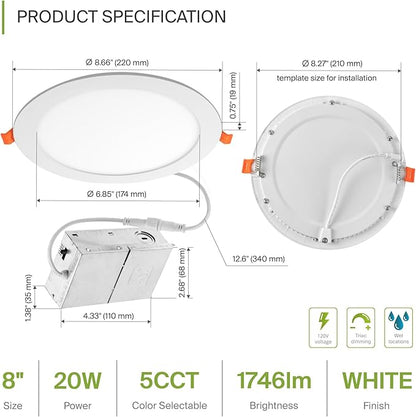 ASD 1 Pack 8 Inch LED Recessed Light 20W, 5 CCT 2700K-5000K CRI90+, IC Rated - Image 2