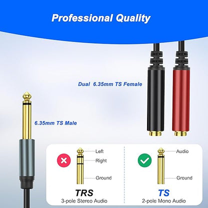 XMSJSIY 1/4" 6.35mm TS Mono Splitter 1 to 2 Audio Y Splitter Cable Adapter - Image 5