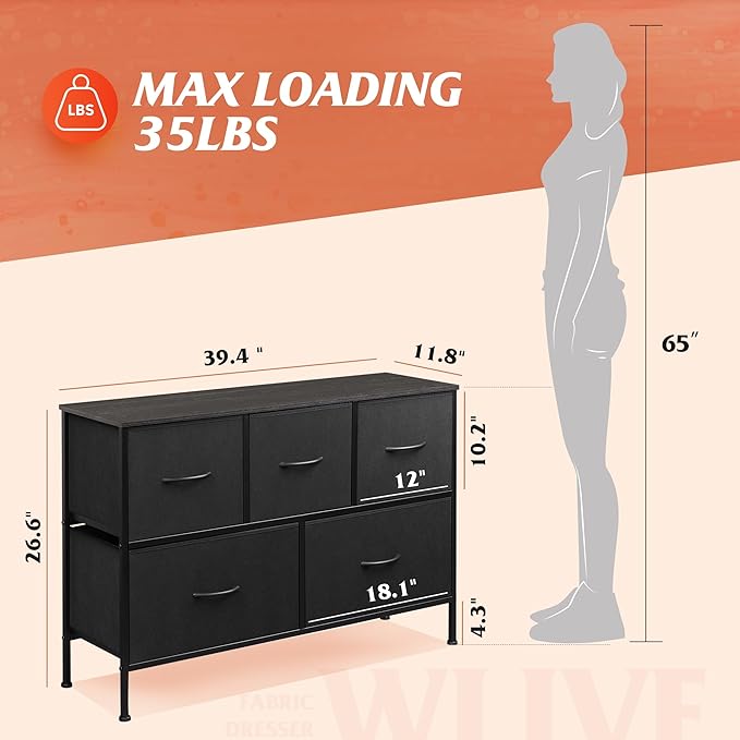 WLIVE Dresser for Bedroom with 5 Drawers, Long Fabric Dresser, Chest of Drawers - Image 3