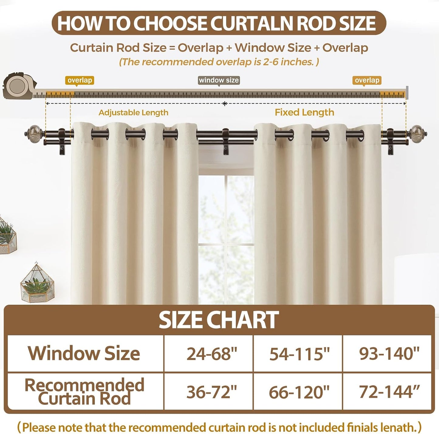 KAMANINA Double Curtain Rods for Windows 72 to 144 Inch, Adjustable, Bronze | Heavy Duty 1 Inch, Adjustable, Long Dual Drapery Rod for Living Room, Bedroom, Easy Install, Decorative Marbled Finials