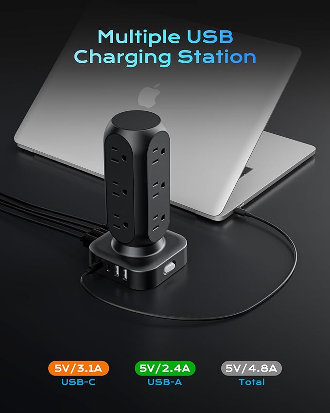 Tower Surge Protector Power Strip, 12 AC Outlets & 8 USB Ports, Flat Plug 5FT - Image 3
