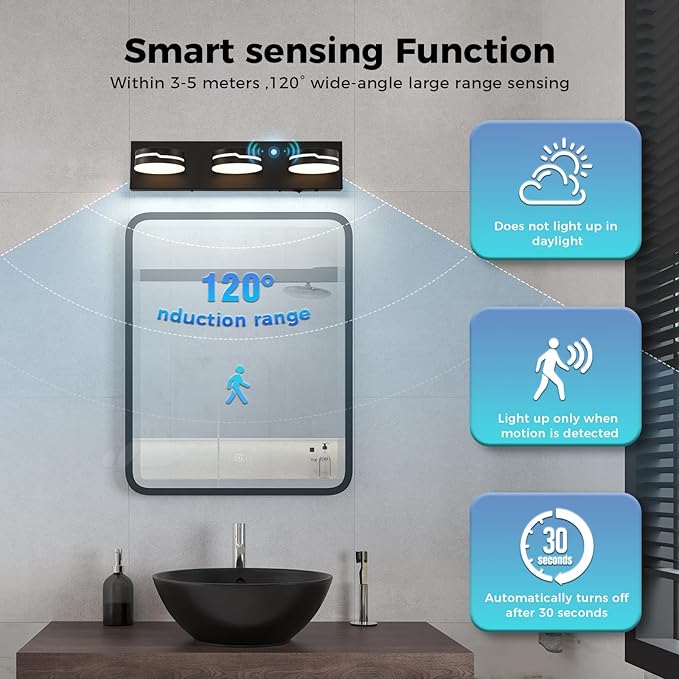 LED Modern Bathroom Lights Fixtures 3-Light Motion Sensor Vanity Light Matte - Image 3