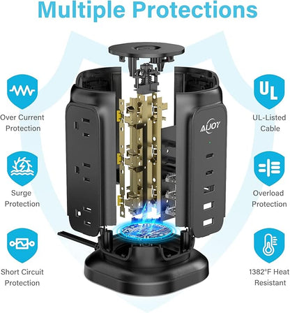 AiJoy Power Strip Tower with 9 AC Outlets and 5 USB Ports, Flat Plug 1625W - Image 5