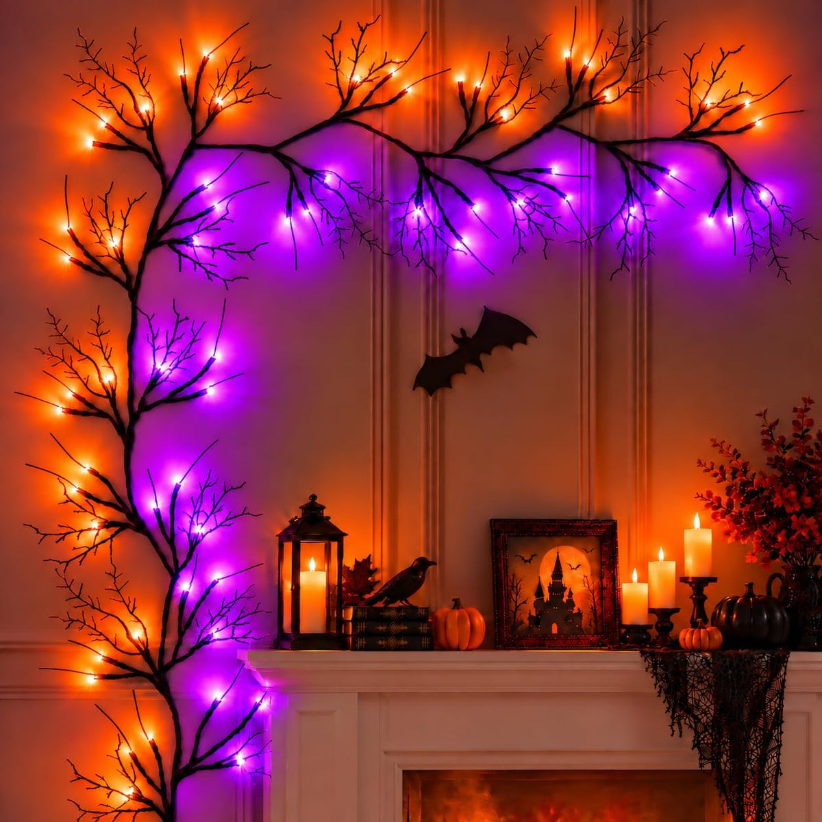 Halloween Garland with Orange & Purple Lights, 9 FT Bendable Black Branch