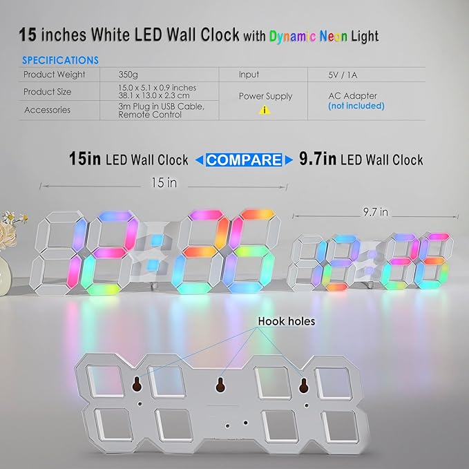KOSUMOSU LED Wall Clock 15" RGB Digital LED Clock - Image 3