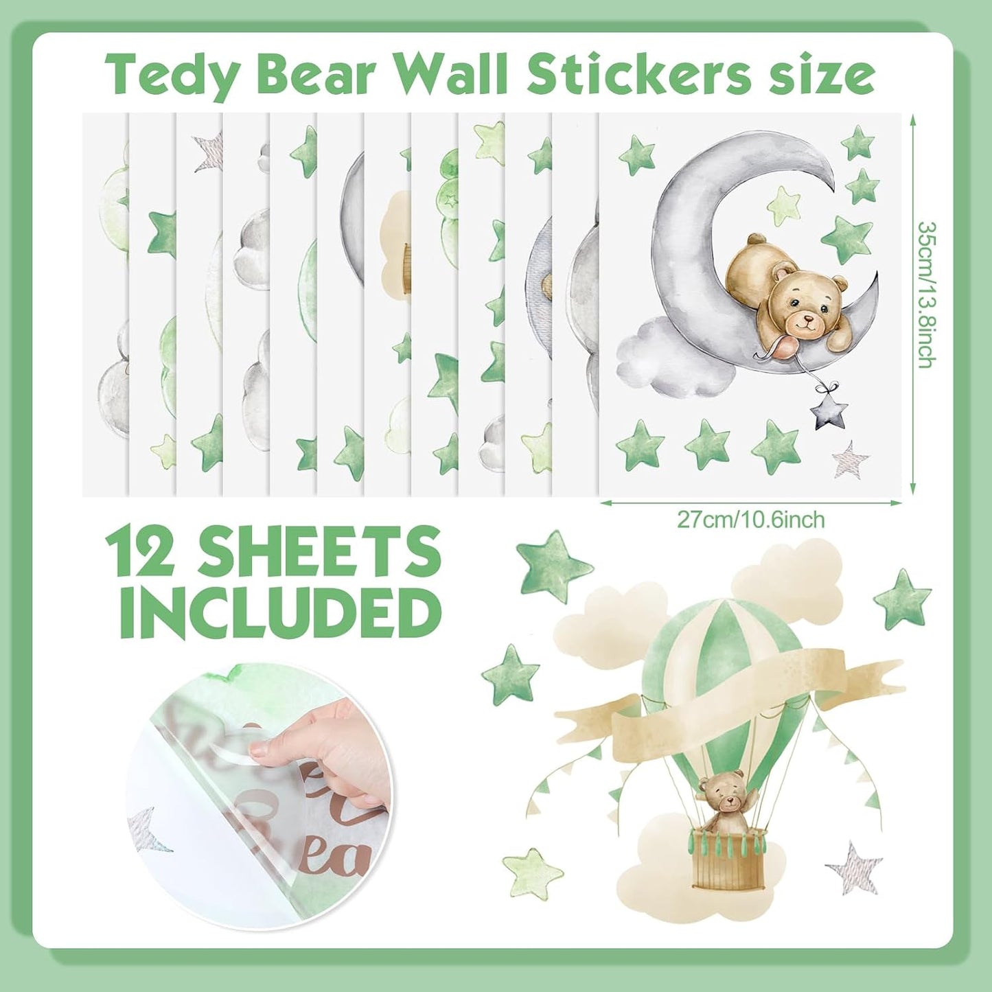 Yinder 12 Sheet 78 Pcs Bear Highland Cow Wall Decals Cute Highland Cow Sticker Nursery Baby Wall Decor for Kids Girls Boys Baby Room Bedroom(Sage Green Bear)