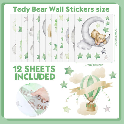 Yinder 12 Sheet 78 Pcs Bear Highland Cow Wall Decals Cute Highland Cow Sticker Nursery Baby Wall Decor for Kids Girls Boys Baby Room Bedroom(Sage Green Bear)