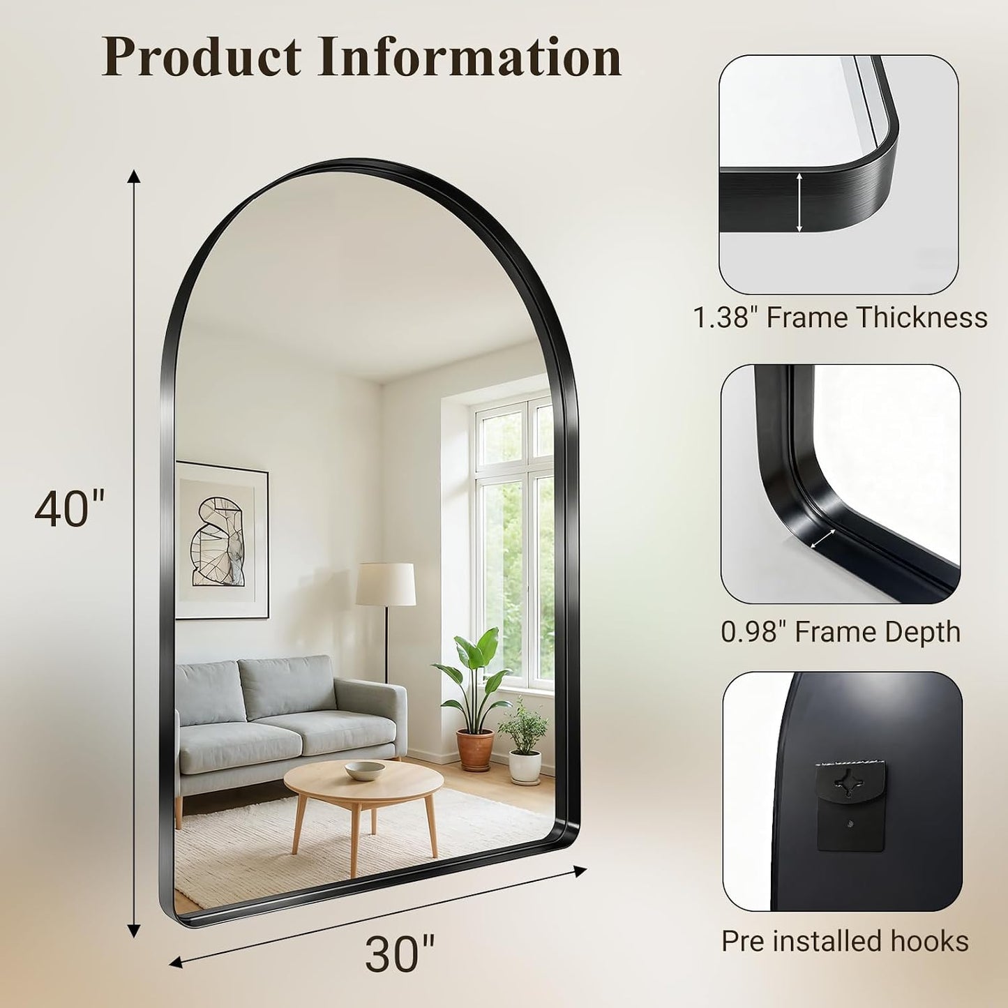 Black Arched Bathroom Mirror 30x40 Inch Arch Mirror for Wall | Vanity Mirror Over Sink with Tempered Glass, Aluminum Alloy Deep Frame, Farmhouse for Bedroom, Entryway, Living Room