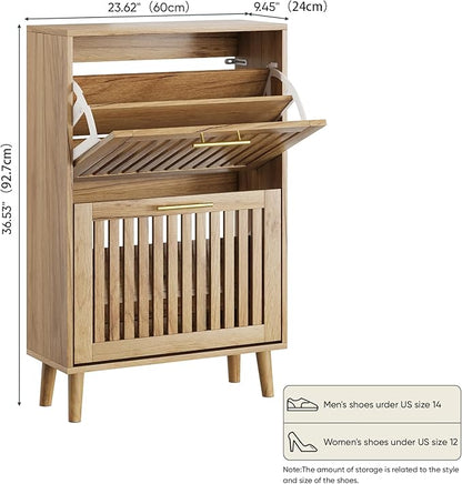 Shoe Cabinet with 2 Flip Slatted Drawers, Farmhouse Slim Shoe Organizer Rack - Image 2