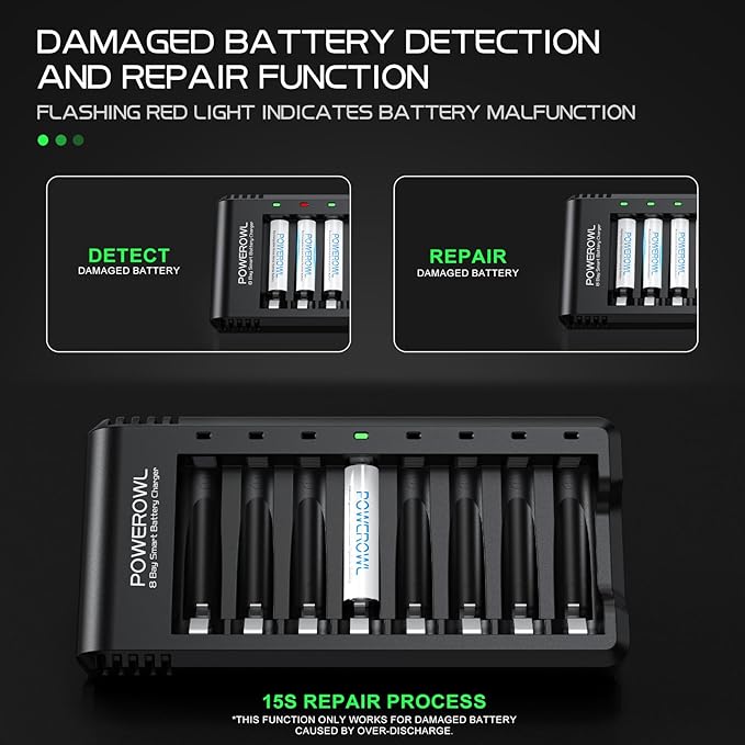 POWEROWL 8 Bay AA AAA Battery Charger 2 Pack, USB High-Speed Charging, - Image 4