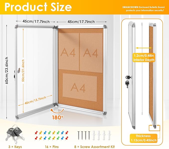 SWANCROWN Enclosed Bulletin Cork Board 24x18 in, Lockable Bulletin Board - Image 2