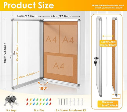 SWANCROWN Enclosed Bulletin Cork Board 24x18 in, Lockable Bulletin Board - Image 2