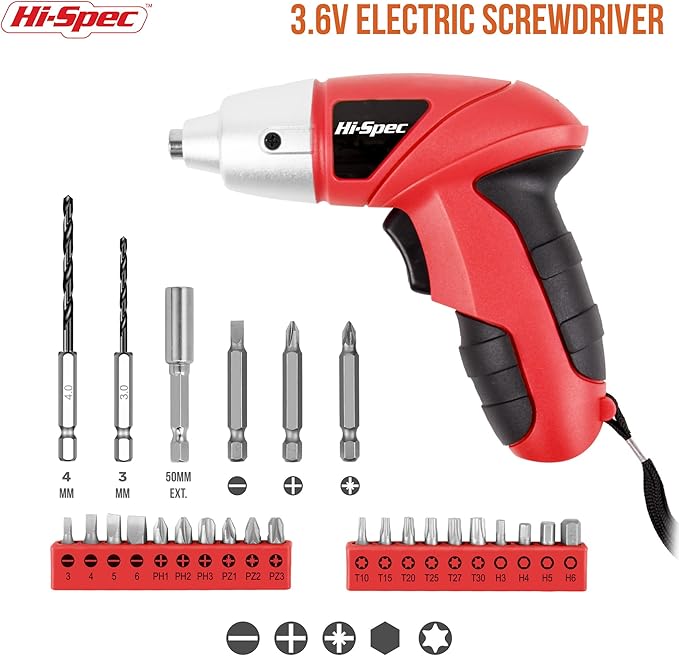 Hi-Spec 27pc 3.6V Red Small Power Electric Screwdriver Set. Cordless & - Image 2