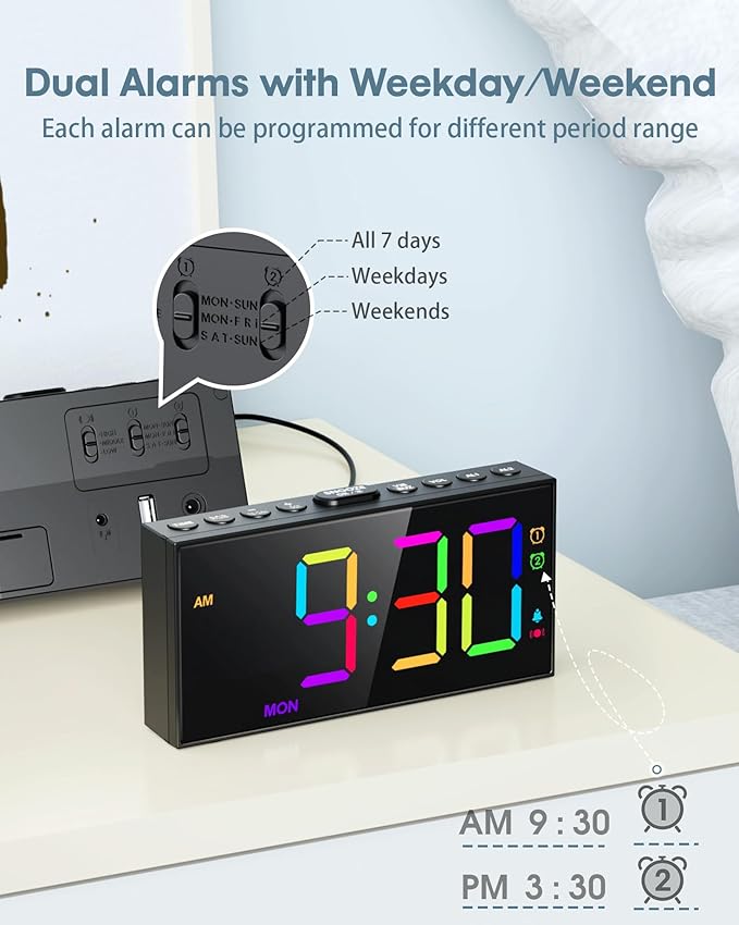 Loud Alarm Clock for Heavy Sleepers, RGB Vibrating Alarm Clock - Image 4