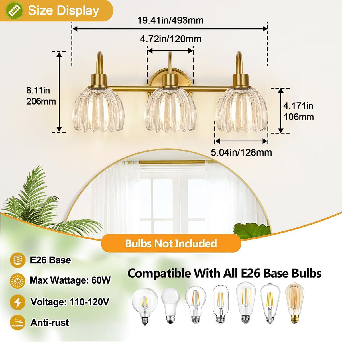 3-Light Bathroom Light Fixtures, 20" Brushed Gold Vanity Lights for Bath...