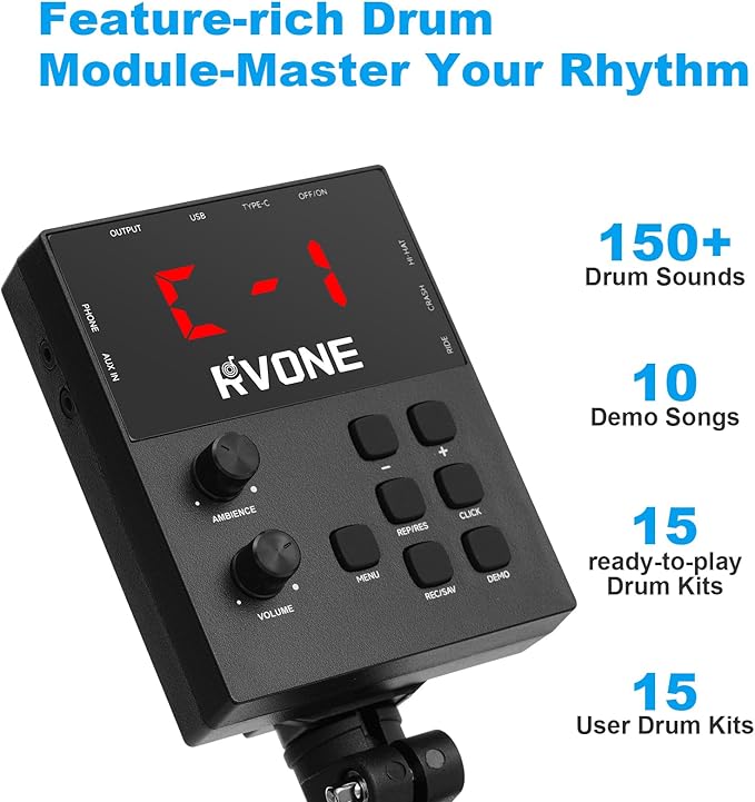 RVONE Electric Drum Set with Kick Hammer Pedal, Electronic Drum Kit - Image 5