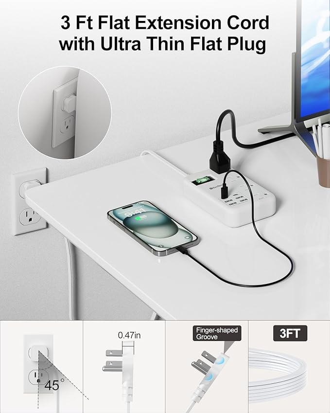 6 USB Travel Power Strip- Flat Plug Extension Cord 3 Feet - Image 5