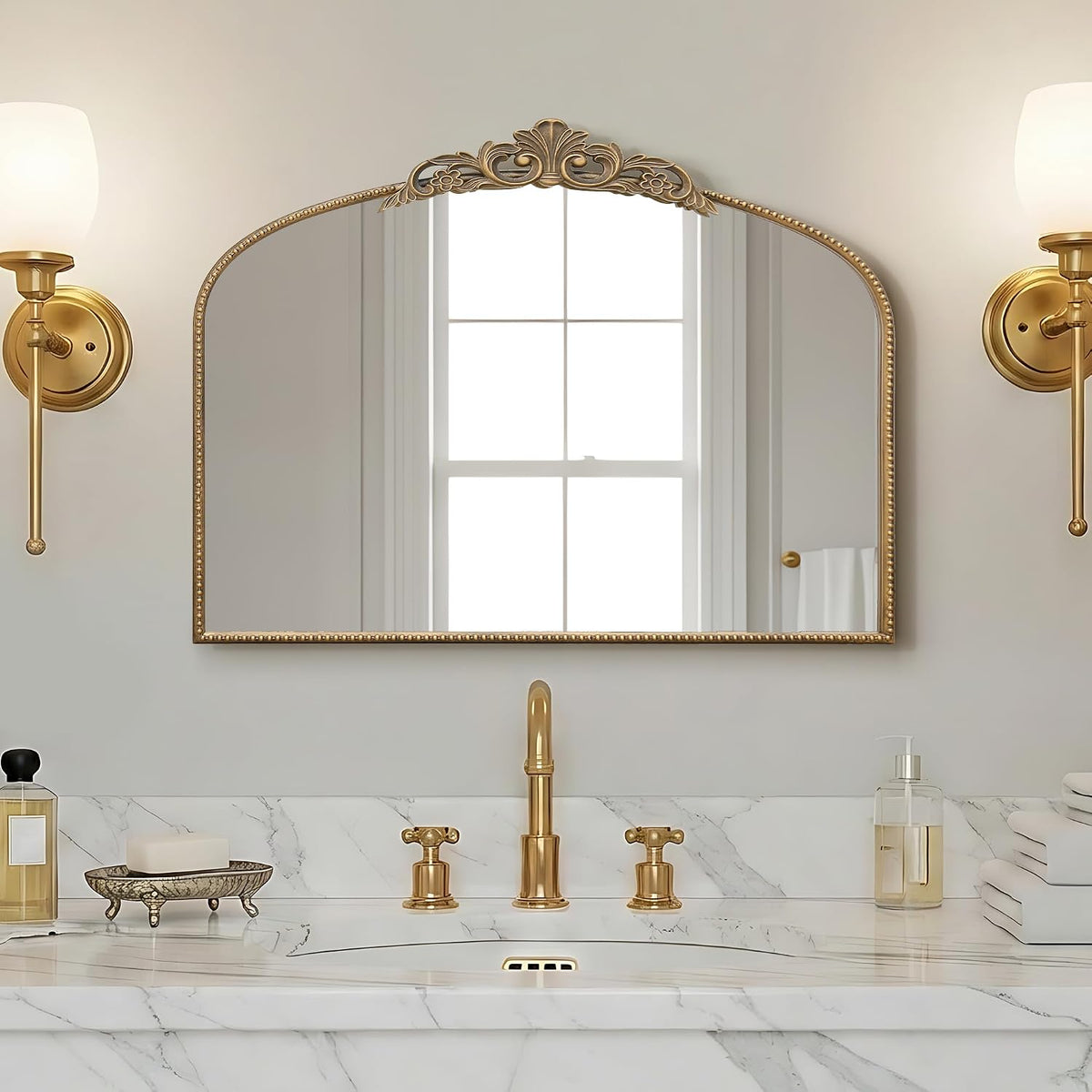 Micasso Vintage Gold Arched Mirror: 32"x24" Baroque Antique Vanity Mirror | Traditional Ornate French Decorative Wall Mirror for Bedroom/Bathroom/Entryway/Hallway/Dresser/Mantel/Nightstand/Over Sink