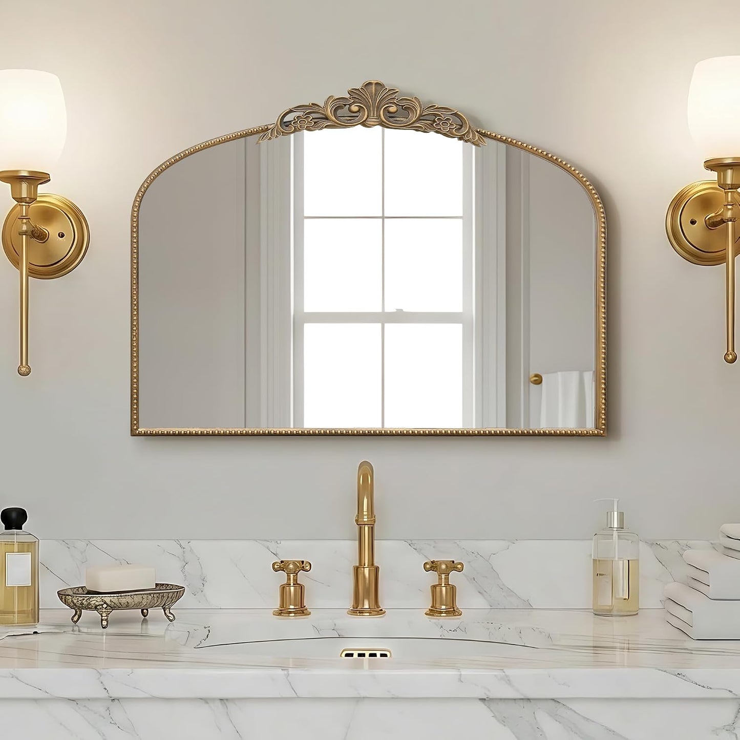 Micasso Vintage Gold Arched Mirror: 32"x24" Baroque Antique Vanity Mirror | Traditional Ornate French Decorative Wall Mirror for Bedroom/Bathroom/Entryway/Hallway/Dresser/Mantel/Nightstand/Over Sink