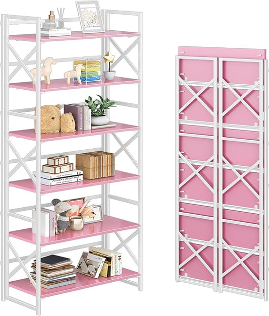4NM 6 Tiers No Assembly Book Shelves, 61.8" H Folding Bookshelf Bookcase Open by 4NM