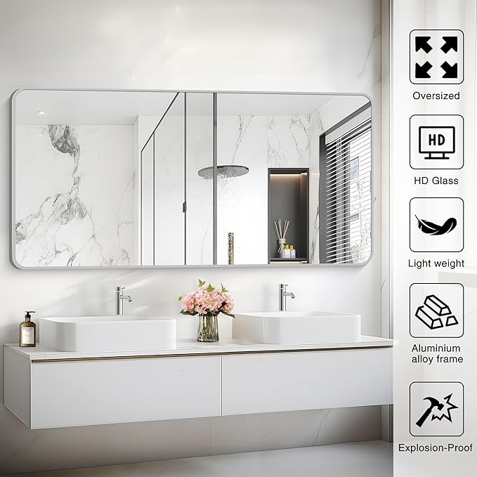 30x60 Inch Silver Bathroom Mirror, Large Rectangular Vanity Mirror, Metal - Image 5