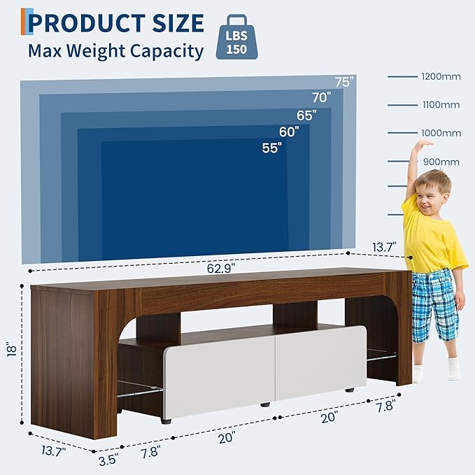 IDEALHOUSE LED TV Stand for 55 to 75 Inch TV, Walnut Entertainment Center - Image 3