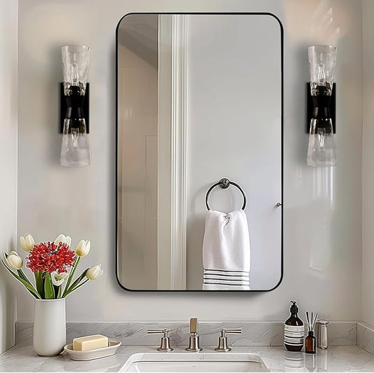 ANDY STAR Black Bathroom Mirror, 24”x40” Rounded Corner Rectangle Mirror by ANDYSTAR