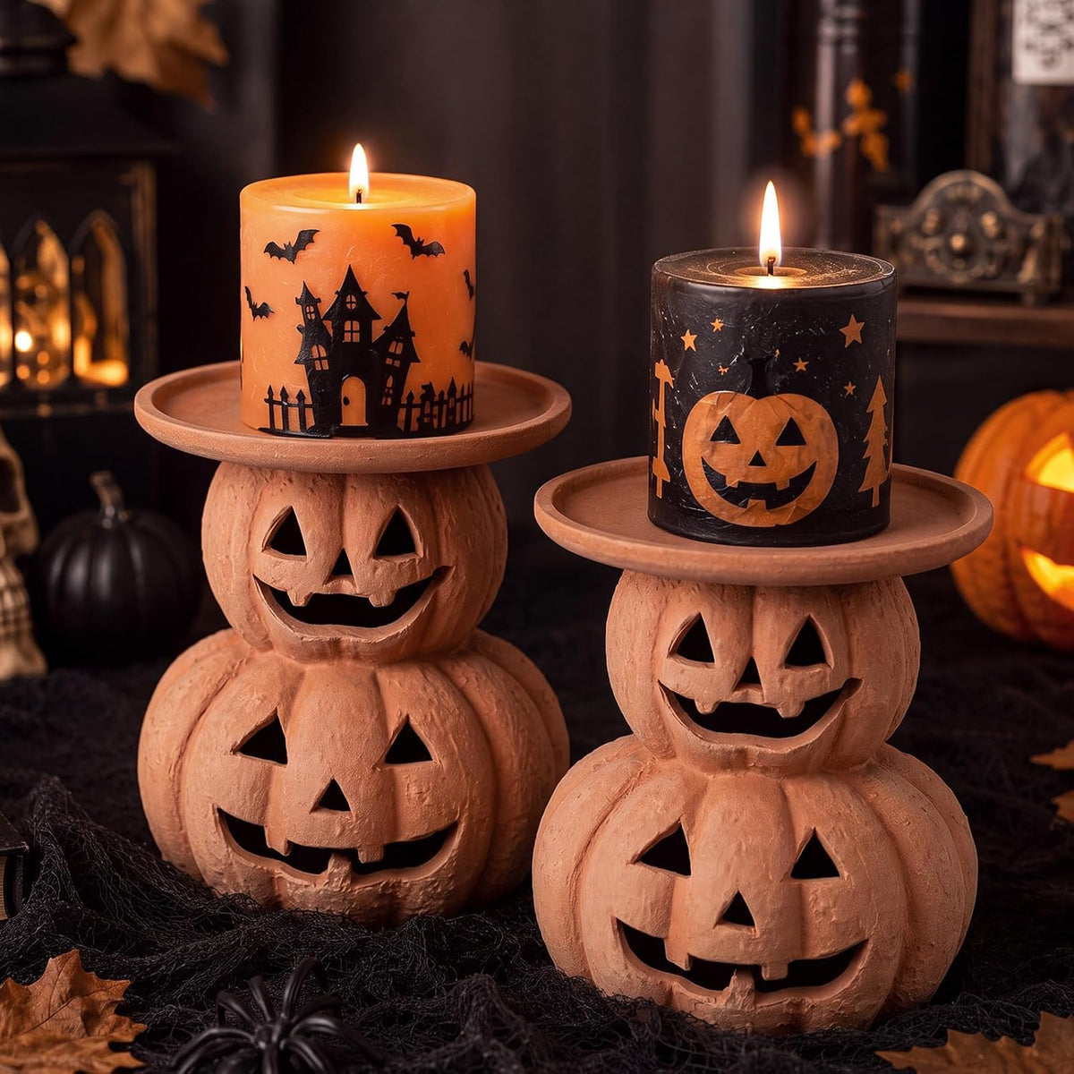 2 Pcs Halloween Terracotta Pumpkin Candle Holder Jack O Lantern Table Decor