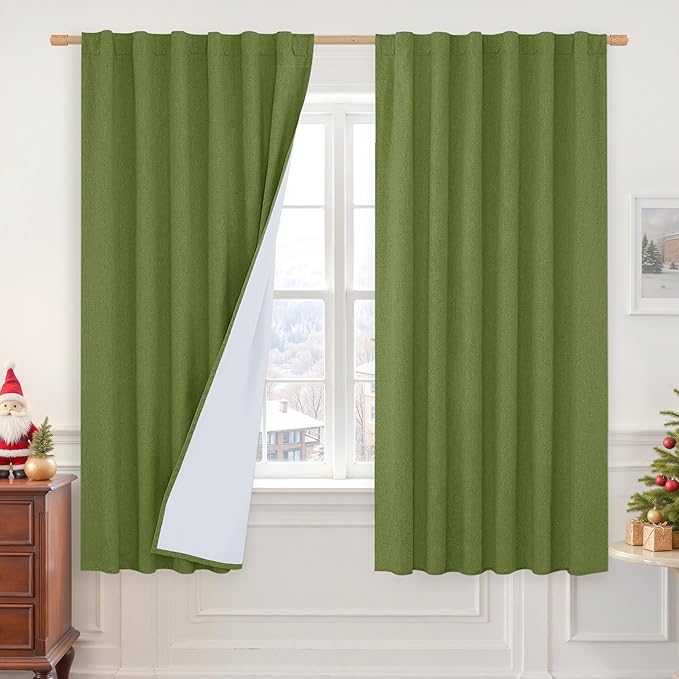 LAMIT 100% Blackout Olive Green Linen Curtains, 63 Inches Linen Textured by LAMIT
