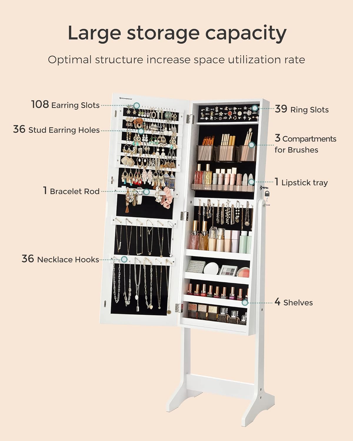 SONGMICS LED Jewelry Cabinet Standing, Lockable Armoire | Freestanding Storage Organizer with 2 Plastic Cosmetic Storage, Full-Length Mirror, for Necklace Earring, White UJJC002W01