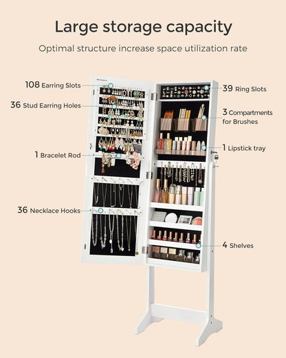 SONGMICS LED Jewelry Cabinet Standing, Lockable Armoire | Freestanding Storage Organizer with 2 Plastic Cosmetic Storage, Full-Length Mirror, for Necklace Earring, White UJJC002W01