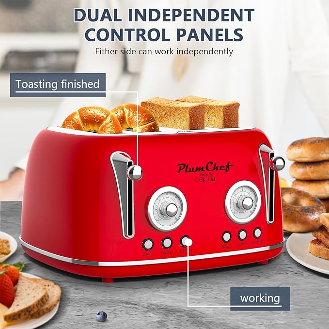 Plumchef 4 Slice Wide Slot Retro Style Toaster, Dual Control Toaster wtih Timer - Image 4