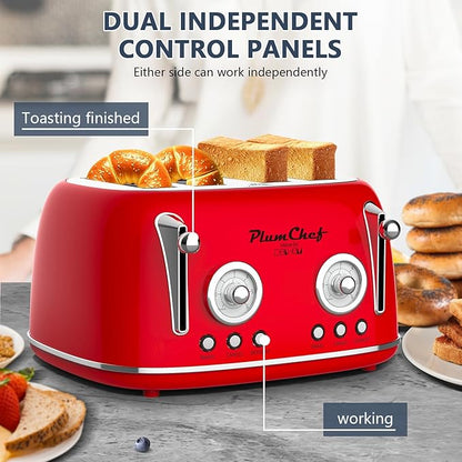 Plumchef 4 Slice Wide Slot Retro Style Toaster, Dual Control Toaster wtih Timer - Image 4