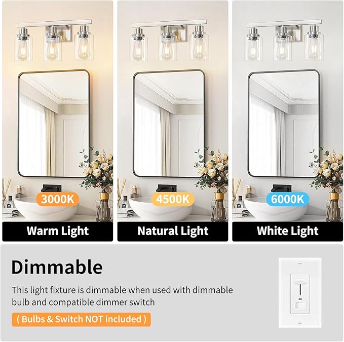 DIKAIDA 3-Light Bathroom Light Fixtures, Nickel Bathroom Vanity Light - Image 7