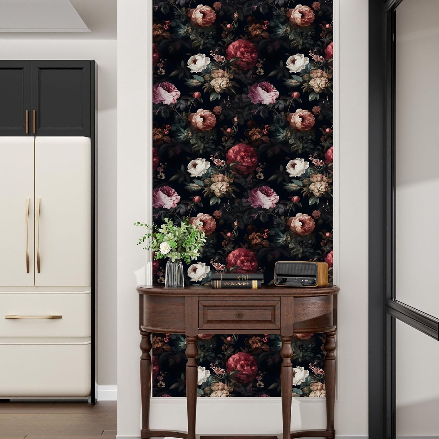 Black Vintage Floral Peel and Stick Wallpaper 17.5" x 118" | Waterproof Vinyl Self Adhesive Removable Renter Friendly Floral Contact Paper