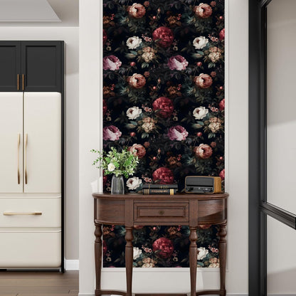 Black Vintage Floral Peel and Stick Wallpaper 17.5" x 118" | Waterproof Vinyl Self Adhesive Removable Renter Friendly Floral Contact Paper