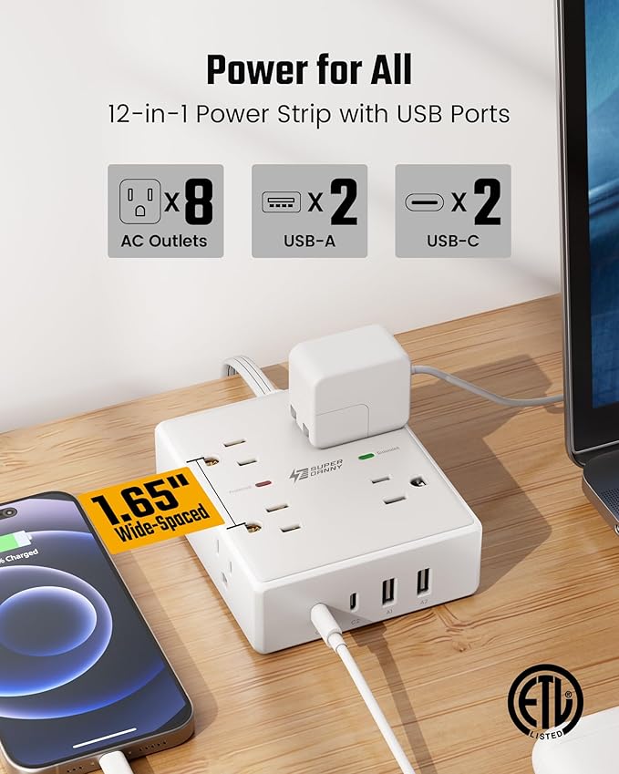 25Ft Long Extension Cord, Flat Plug Power Strip - Image 3