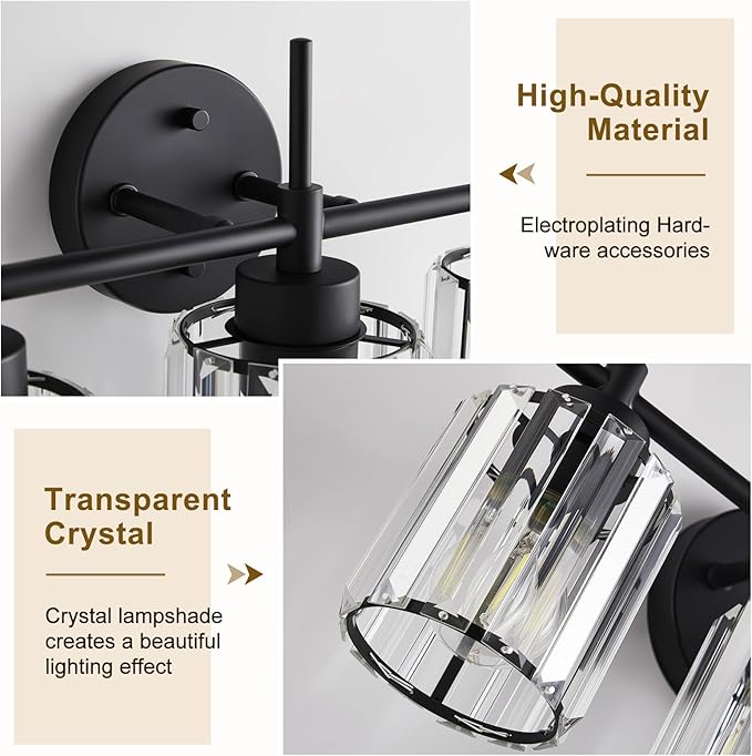 EJIAXIN 4 Light Round Crystal Vanity Lights, Modern Black Crystal Wall Light - Image 2
