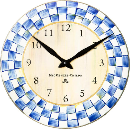 MACKENZIE-CHILDS Wall Clock, Blue-and-White Royal Check | Hand-painted design, made from enameled steel, decorative room clock, requires one AA battery (not included), 12" dia.