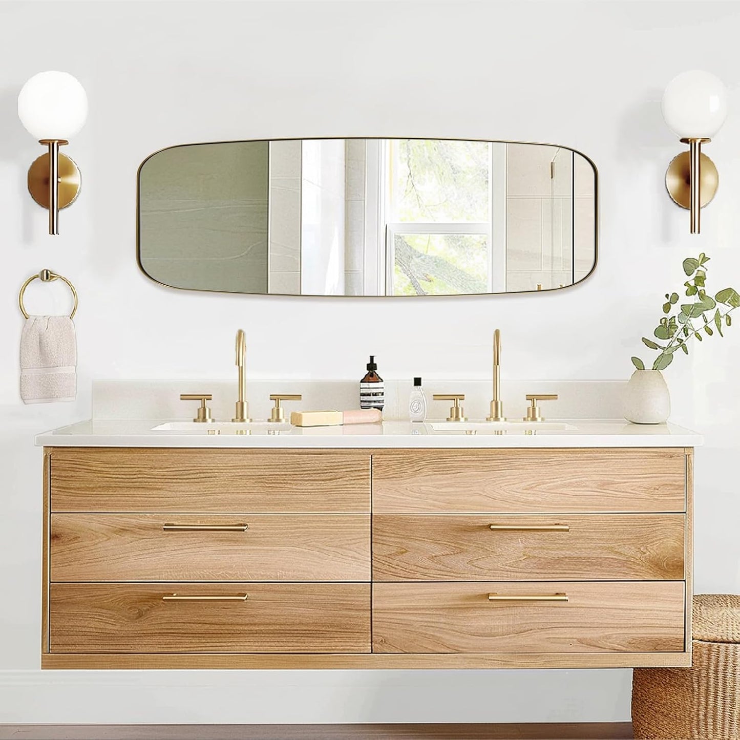 18x48 Full Length Wall Mirror, Brushed Gold Oblong Shaped Body Mirror with Stainless Steel Metal Frame, Rounded Corner Design for Floor and Leaning